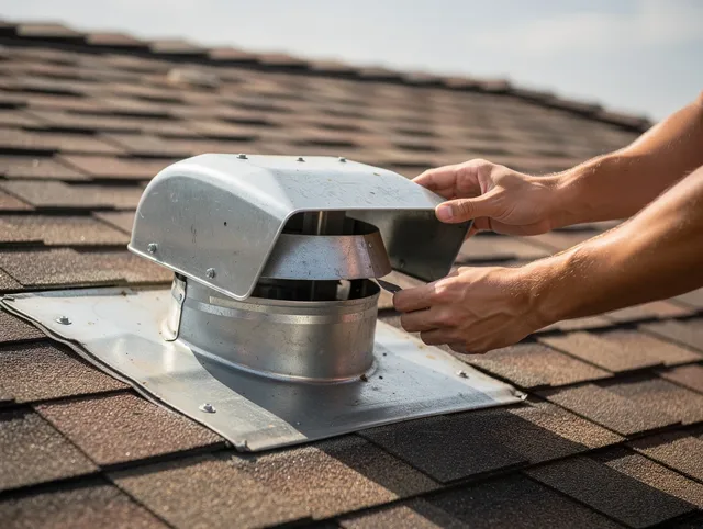 New Albany Dryer Vent Cleaning certified technician safely cleaning a roof-mounted dryer vent in New Albany