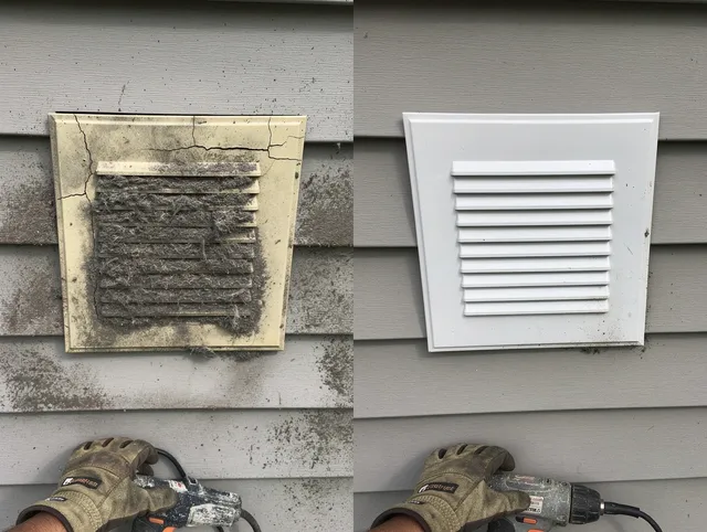 New Albany Dryer Vent Cleaning technician installing high-quality dryer vent cover at a residential property in New Albany