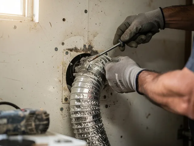 New Albany Dryer Vent Cleaning technician performing precise dryer vent hose installation in New Albany